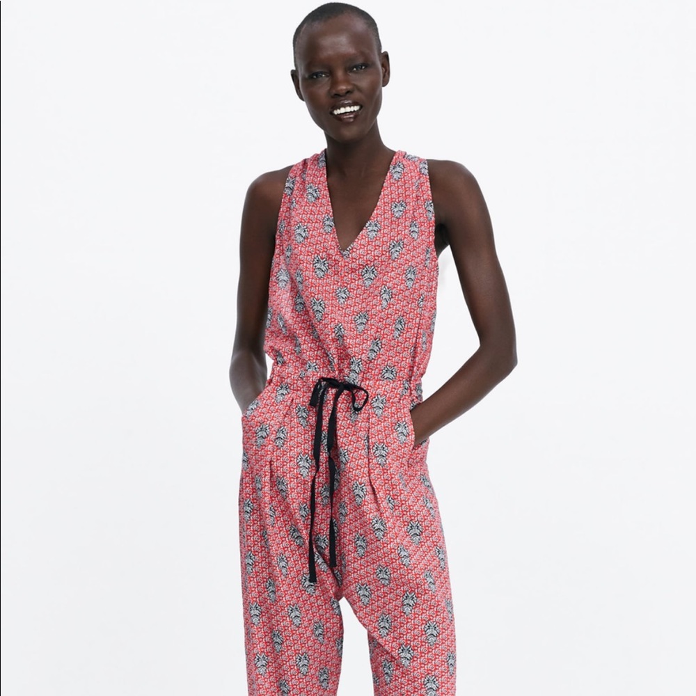 Zara Coral Printed Sleeveless Jumpsuit with Drawstring